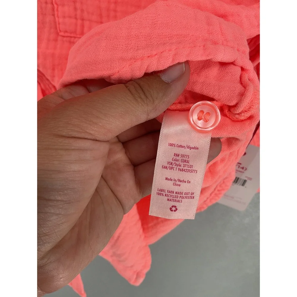 Justice Girls Beach Shirt Coral Cotton Gauze Roll Tab Button Up Size L 12/14
